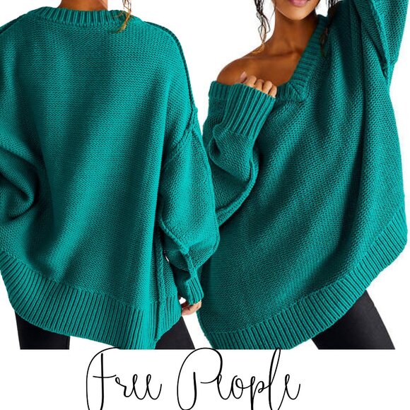 Free People Alli V-Neck Sweater in Forest Green Worn Once Like New Size XL - Picture 1 of 5
